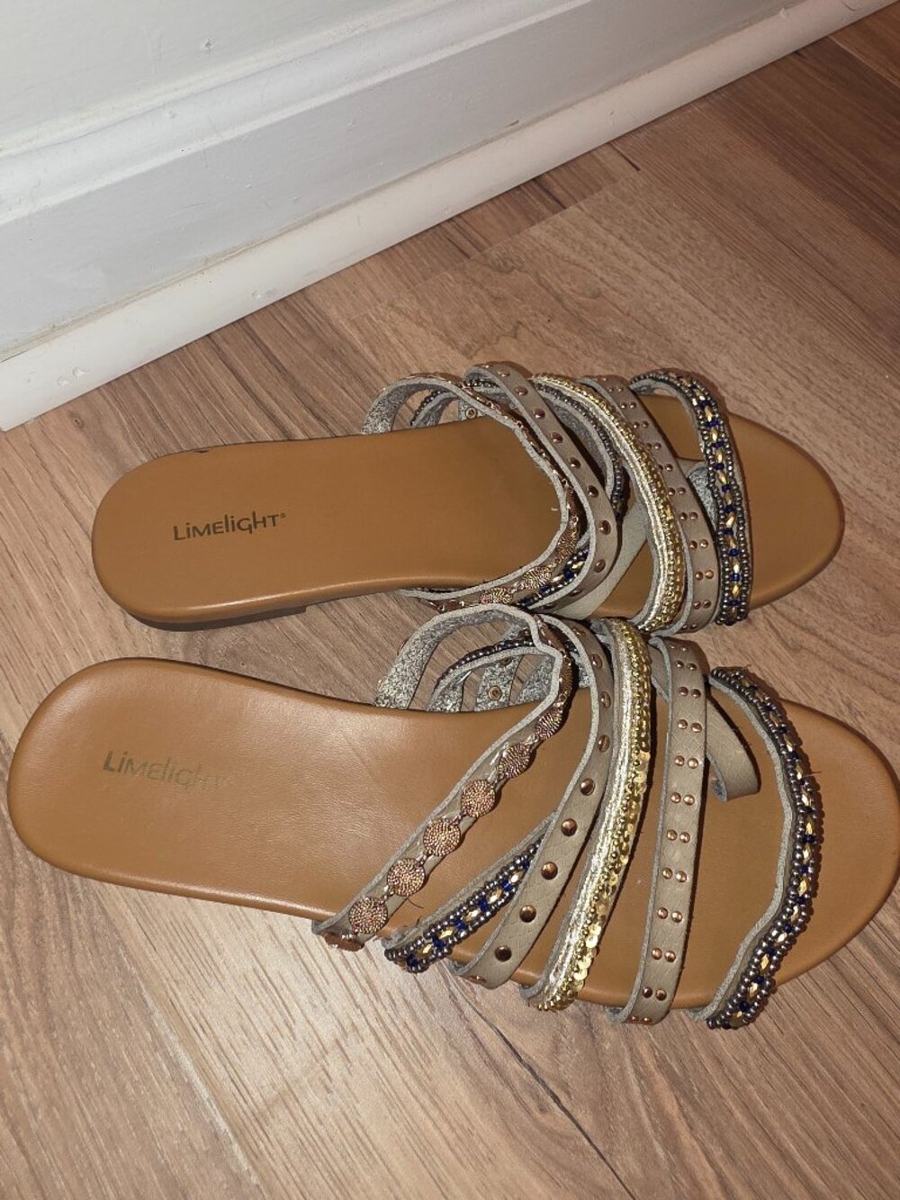 LimeLight Embellished Multi Strap Slide Sandals Size 10 Boho Beaded